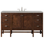 James Martin Furniture - Addison 60" Single Vanity Cabinet, Mid Century Acacia, Eternal Serena Quartz - The Addison Collection 60" Freestanding Vanity by James Martin Vanities comes in a Mid-Century Acacia finish on parawood giving you a fresh take on Shaker-inspired design with a look of luxury. Handcrafted and gender-neutral, it fits effortlessly into modern or transitional rooms. The Shaker touch comes from the sides, drawers, and doors. Each of the drawers feature full extensions with a undermounted slides as well as a brushed aluminum finished laminate that goes on the bottom of the drawer for easy clean up and like the door has a soft-close. The body of the cabinet is made of solid hardwood and sturdy panels of MDF.