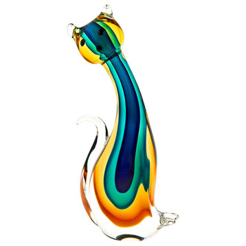 12" Mouth Blown Multi-Color Feline Art Glass