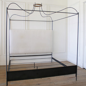 King Size Venetian Iron Canopy Bed with Upholstered Antique Linen Headboard