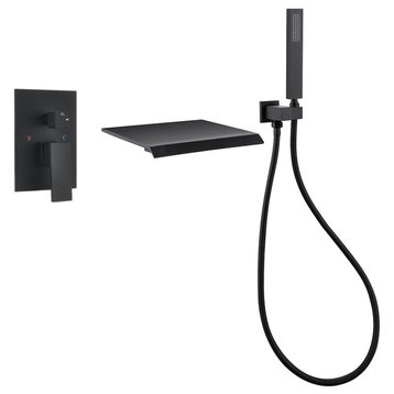 Double Handle Wall Mount Waterfall Bathroom Tub Faucet with Hand Shower, Matte Black