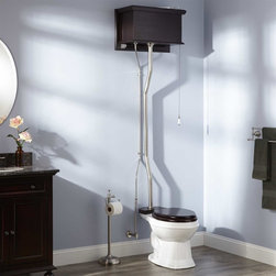 MAHOGANY HIGH TANK PULL CHAIN WATER CLOSET WITH ELONGATED VICTORIAN BOWL - Toilets