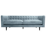 Armen Living - Annabelle 80" Bluestone Velvet Sofa with Black Wood Legs - Give a chic and glamorous update to your living space with our Annabelle Fabric Sofa with Black Wood Legs. The clean lines and sophisticated details of the couch lend a modern and elevated edge to any room. A stunning tufting detail upon the back and arms lend a dose of charm and elegance. Elevated upon cylindrical wooden legs to attain a modern and airy profile, the Annabelle brings traditional chesterfield and modern style themes together. The sofa features a sheltering silhouette and generously padded arms to ensure a comfortable stay. Completed with boxy and generously cushioned seats, the sofa invites you to sink in and relax. It remains an ideal piece for anchoring your family room, man cave, den, or formal living space. Allowing you to entertain in style, our sofa offers a plush respite for your family and friends. It is available in a variety of materials and finishes to create the perfect look for your home. The Annabelle Sofa comes in Bluestone or Fossil Gray Velvet, or Gray Fabric with Black Wood Legs.