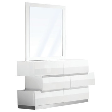 Spain Modern White Zigzag 6-Drawer Bedroom Dresser and Mirror, 2-Piece Set