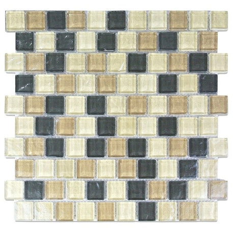 Geo 11"x12" Textured Glass Square Mosaic Tile,Beige, Single Sheet