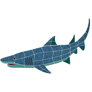 Shark 1 Ceramic Swimming Pool Mosaic 36"x22" with shadow, Teal