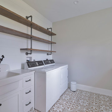 Laundry Room - Industrial Open Shelving and Utility Sink