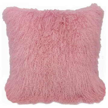 HomeRoots 20" Pink Genuine Tibetan Lamb Fur Pillow With Microsuede Backing