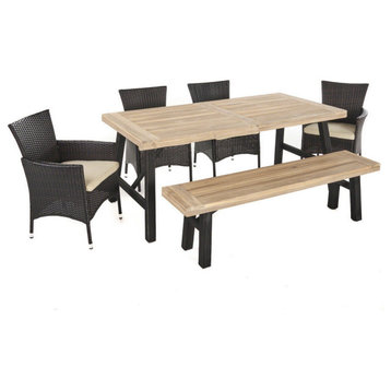 GDF Studio 6-Piece Jacks Outdoor Wood Dining Set With Wicker Dining Chairs