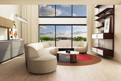 Idée de décoration pour un grand salon blanc et bois design avec une salle de réception, un mur blanc et parquet clair.