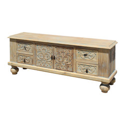 Chinese Raw Wood Floral Relief Carving Ball Legs Low Cabinet - Console Tables
