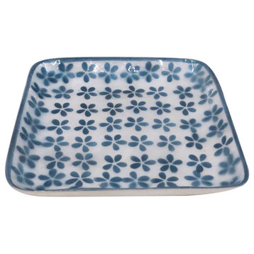 5" Square Capiz Plate w/Min Flower Design, Blue/White