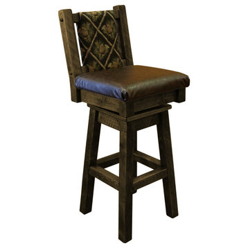 Barnwood Style Timber Peg Swivel Upholstered Barstool, Driftwood, Black Pine Cone and Quarter Espresso, Counter Height