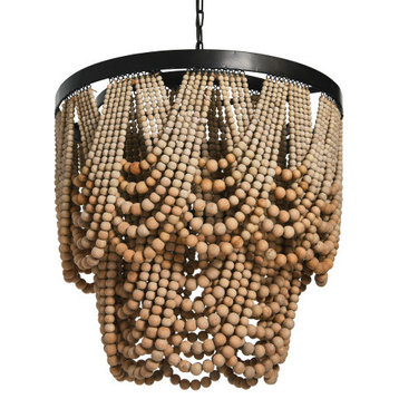 Metal Chandelier With Draped Wood Beads, Natural