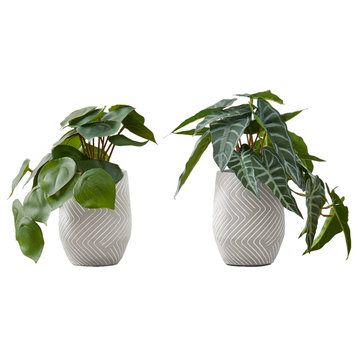 Artificial Plant, 8" Tall, Indoor, Table, Potted, Set of 2, Green Leaves