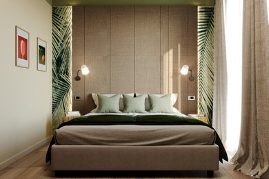 Foto di una camera da letto tropicale con carta da parati