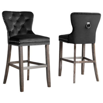 Rustic Black Velvet Bar Stools with Chrome Handle and Footrest (Set of 2)