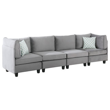 Zelmira 4 Piece Sofa, Gray Velvet Fabric 4 Seats Couch