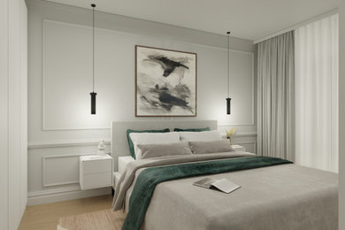 Mittelgroßes Modernes Hauptschlafzimmer mit grauer Wandfarbe, hellem Holzboden und beigem Boden in Düsseldorf