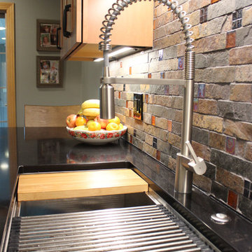 Waypoint Maple Spice Kitchen Cabinets w/ Fire & Ice Brick Mosaic Backsplash