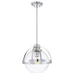 Savoy House - Pendleton 1-Light Pendant, Polished Chrome - This Savoy House Pendleton 1-light pendant is a smart way to pep up the illumination and style in any room. It showcases a large orb of clear glass that isopen at the bottom, allowing for more direct light and making it easy to replace the bulb. Metal bands bisect the shade and help hold it to the fixtureï_’s base. Try using this fixture in kitchens, foyers, bedrooms and home offices, though truly the possibilities are endless. Finished in chrome. This fixture is 14" wide and has an adjustable height that ranges from 14" to 45.5". Uses a standard size bulb of up to 60 watts (not included).