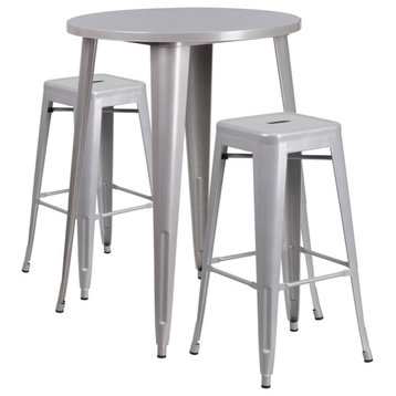 30" Round Silver Metal Indoor-Outdoor Bar Table Set, 2 Seat Backless Stools