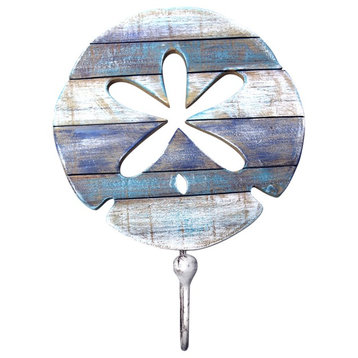Blue and White Coastal Sand Dollar Single Hook Wall Hanger Carved Wood