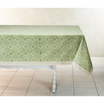 Mosaic Sage Hand Block Printed Table Cloth, Unbleached Cotton