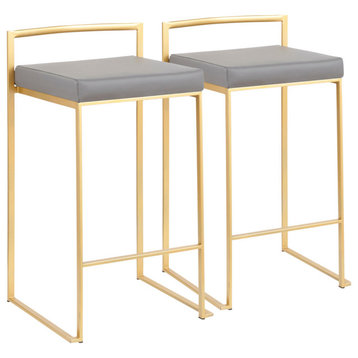 Fuji Contemporary Counter Stool, Set of 2, Gold With Gray Faux Leather