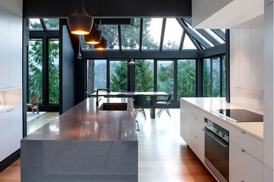 Mid-sized danish galley light wood floor eat-in kitchen photo in Vancouver with an undermount sink, flat-panel cabinets, white cabinets, quartz countertops, white backsplash, stone slab backsplash, paneled appliances and an island