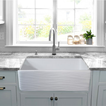 Nantucket Sinks' 33" Farmhouse Fireclay Sink With Waves Apron, White
