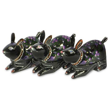 Violet Bunnies Lacquered Wood Boxes, Set of 3