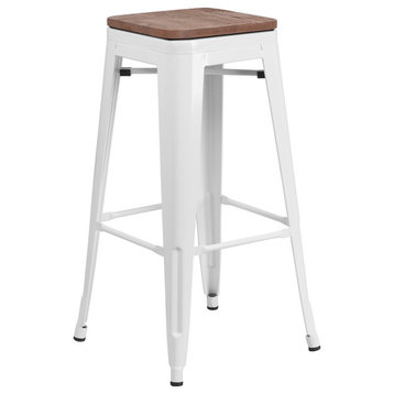 30" High Backless White Metal Barstool With Square Wood Seat