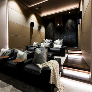 Inspiration for a large contemporary enclosed carpeted and beige floor home theater remodel in Sunshine Coast with beige walls