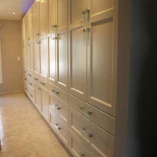 Mid-sized traditional kitchen pantry photos - Mid-sized elegant u-shaped marble floor and brown floor kitchen pantry photo in Edmonton with recessed-panel cabinets, white cabinets, a single-bowl sink, granite countertops, gray backsplash, glass tile backsplash, stainless steel appliances and an island