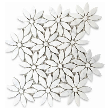 Daisy Field Flower Waterjet Mosaic Carrara White Marble Tile Polished, 1 sheet