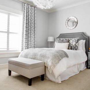 Diseño de dormitorio clásico renovado con paredes grises y moqueta