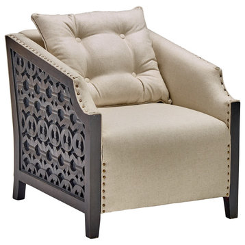Taupe Tan Occasional Accent Club Chair Hand Carved Wood Panels with Throw Pillow