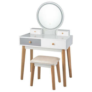 Costway Contemporary MDF and Beech Wood Vanity Table Set with Stool in White