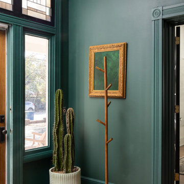 Forest green entryway project with wallpapered ceiling