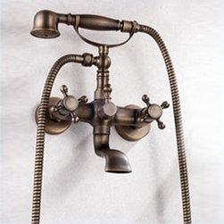 Antique Brass Two Handles Tub Faucet with Hand Shower - TFB007 - Bathtub Faucets
