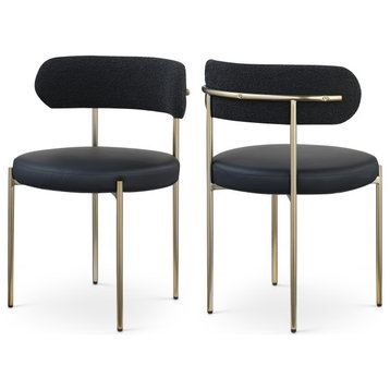 Beacon Boucle Fabric Dining Chair, Set of 2, Black, Vegan Leather and Boucle Fabric, Brushed Brass Finish