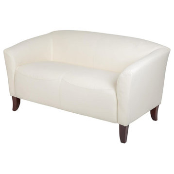 Contemporary Loveseat, Faux Leather Cushioned Seat With Curved Back, Ivory