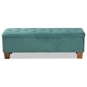 Large Storage Ottoman, Velvet Upholstery With Nailhead & Button Tufted Lid, Teal
