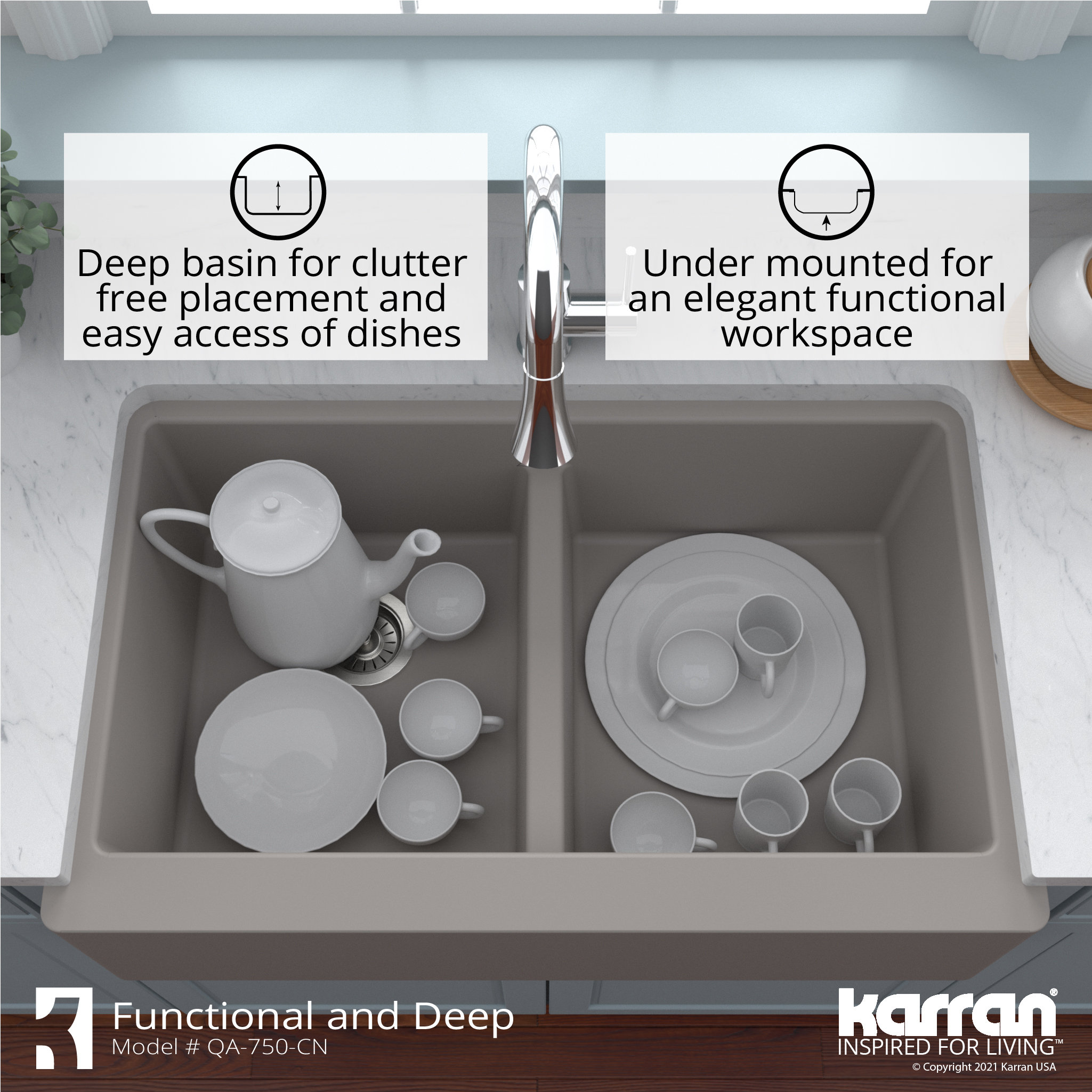Karran Farmhouse Apron Front Quartz 34" Double Bowl Kitchen Sink, Concrete