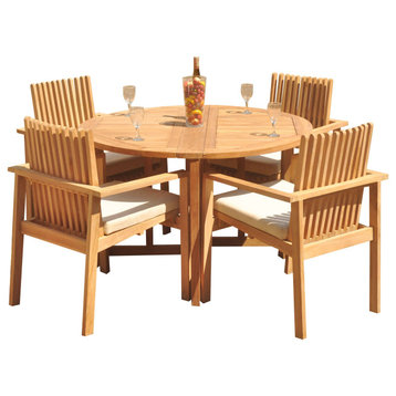 5-Piece Outdoor Teak Dining Set: 48" Butterfly Table, 4 Clip Stacking Arm Chairs