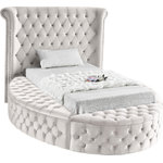Meridian Furniture - Luxus Button Tufted Velvet Round Bed, Cream, Twin - Marvel at the remarkable beauty and graceful lines of this round Luxus cream velvet twin size bed. The headboard, footboard and side rails are all adorned with deep button tufting, and there is nailhead trim on both sides of the tall headboard. The footboard and side rails all contain ample storage and seating, making it easy to sit down in comfort so you can put on your pants or shoes.