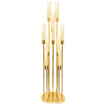 Large Metal Floor Standing Multi-Stem Candle Holder Display, Gold, 10 Stems