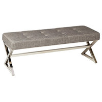 Bench With Button-Tufted Leather Upholstered and Chromed X-Trestle Metal Base