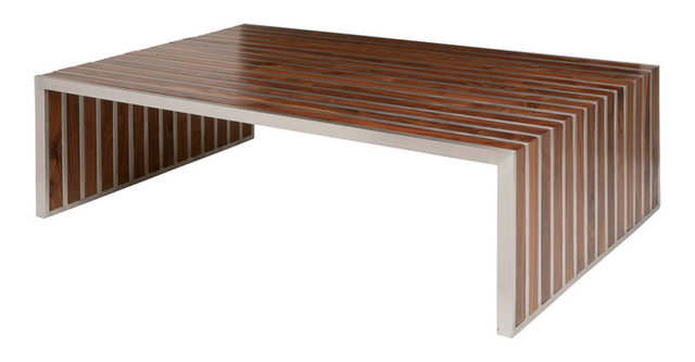 Holden Stainless Steel Walnut Wood Slatted Modern Coffee Table Holden Stainless Steel Walnut Wood Slatted Modern Coffee Table