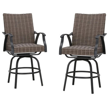 Set of 2 Patio Bar Stool, Black Finished Frame With Woven PE Rattan Seat & Back